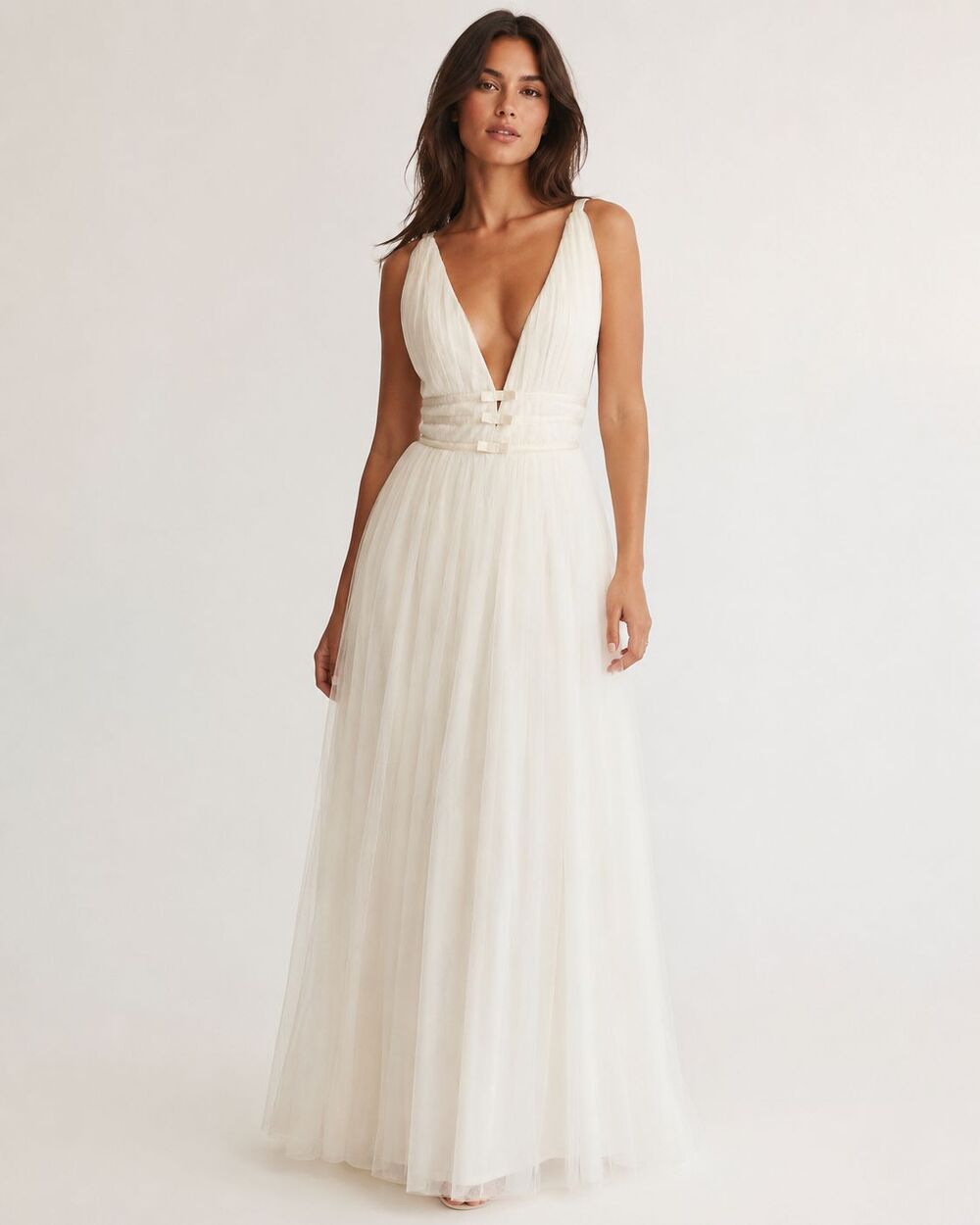 ASOS Bridal Ivory Pleated Tulle Deep V Open Back Maxi Dress US 8